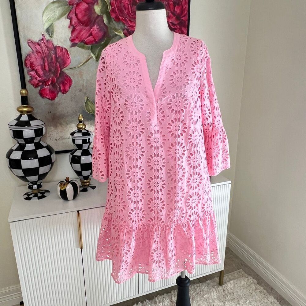 Lilly Pulitzer Women's Bekah 3/4 Sleeve Eyelet Tunic Dress Peony Pink Size Small